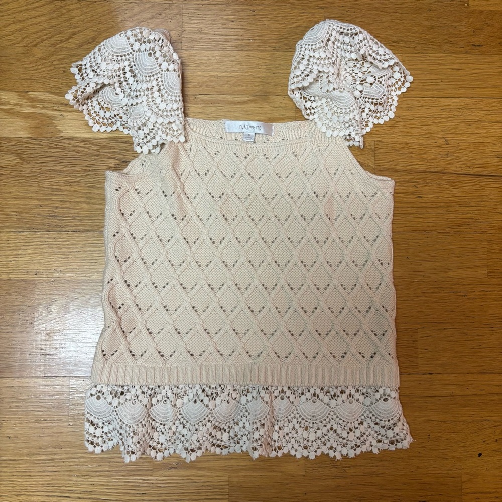 Flat White Crochet Lace Coastal Cowgirl Bohemian Fisherman Flutter Sleeve Top S
